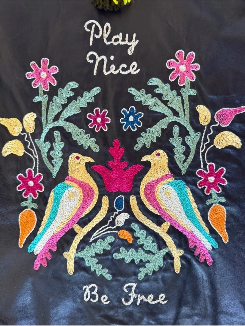 Double D Ranch Black Leather Vest embroidered flowers birds play nice be free - Picture 3 of 10